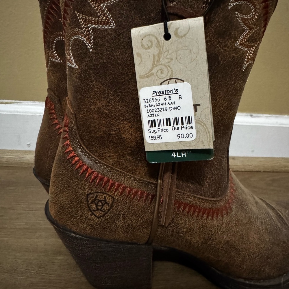 Ariat Brown Leather Western Heeled Boots with Red Stitching - Picture 2 of 5